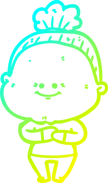 Bir insan tarafından çizilmiş, mutlu, yaşlı bir kadının çizimi.