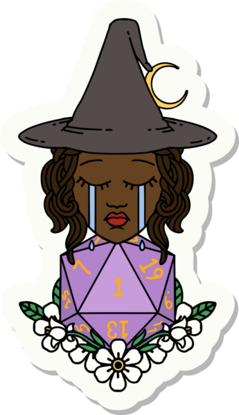 Ağlayan bir insan cadının çıkartması. Bir insan tarafından çizilmiş doğal bir D20 zarlı.