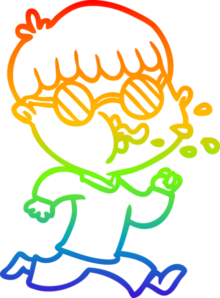 Gökkuşağı gradyan çizgi çizimi gözlük takan ve koşan bir insan tarafından çizilmiş bir çizgi film çocuğu.