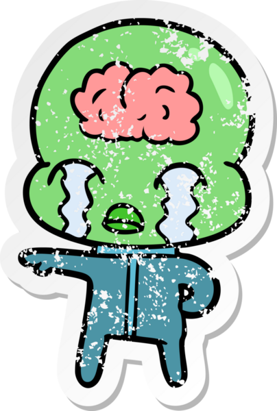 Bir çizgi filmin sıkıntılı çıkartması. Bir insan tarafından çizilmiş büyük beyinli uzaylı ağlaması.