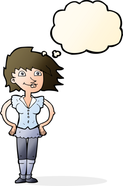 Bir insan tarafından çizilmiş düşünce baloncuğu olan elleri kalçasında çizgi film kadını.