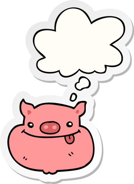 İnsan tarafından çizilmiş bir çıkartma gibi düşünce baloncuklu mutlu domuz suratı.