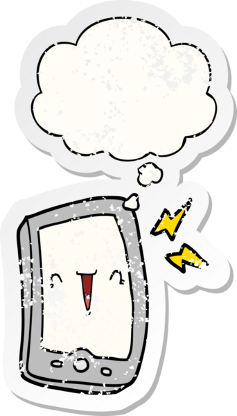 Düşünce baloncuklu şirin çizgi film cep telefonu bir insan tarafından çizilmiş yıpranmış bir çıkartma.