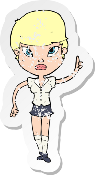 İnsan tarafından çizilmiş bir fikri olan karikatür bir kadının gerilimli retro yapıştırması.