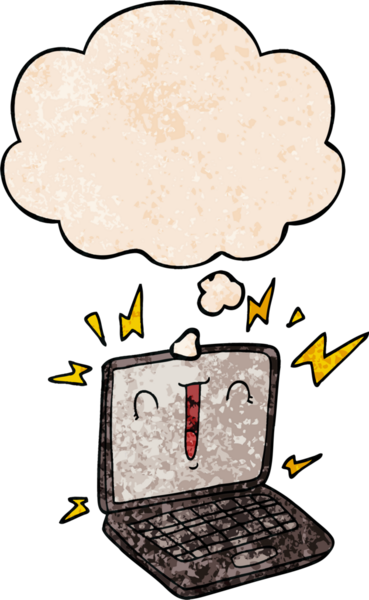 bir insan tarafından çizilmiş grunge doku biçiminde düşünce baloncuklu dizüstü bilgisayar.