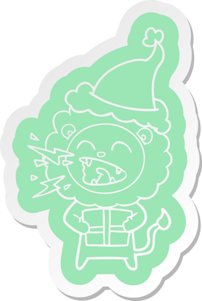 Bir insan tarafından çizilmiş Noel Baba şapkasıyla kükreyen bir aslanın garip çizgi film etiketi.