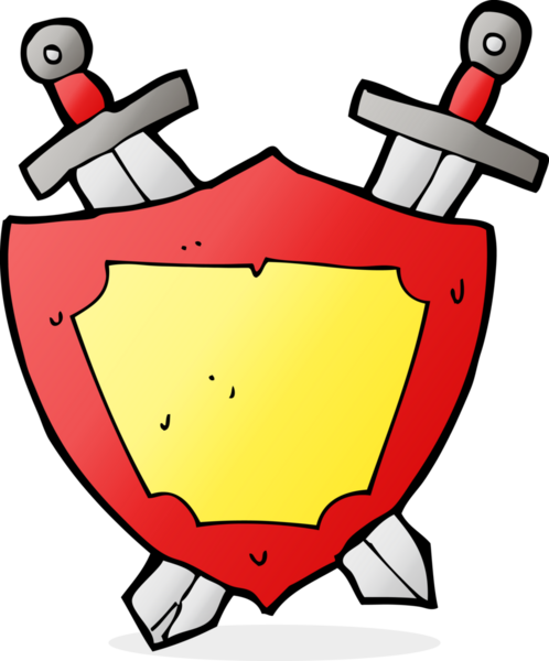 Çizgi film kalkanı ve bir insan tarafından çekilen kılıçlar