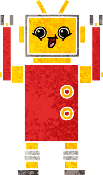 Bir insan tarafından çizilmiş mutlu bir robotun retro çizim tarzı karikatürü