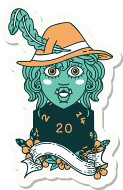 Bir insan tarafından çizilmiş 20 zarlı şarkı söyleyen yarı ork bir ozanın çıkartması.