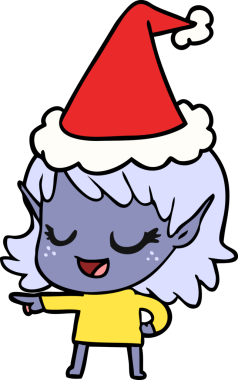Mutlu el çizimi çizimi bir insan tarafından çizilmiş Noel Baba şapkası giyen bir elf kızı gösteriyor.