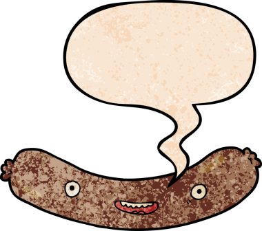 Konuşma baloncuklu çizgi film sosisi insan tarafından çizilmiş retro doku tarzında.