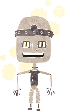 Bir insan tarafından çizilmiş komik, yaşlı bir robot.