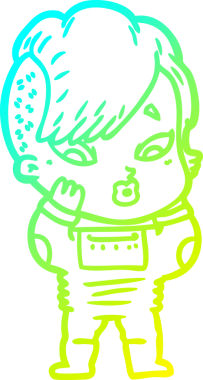 Bir çizgi film çizimi, bir insan tarafından çizilmiş bilimkurgu elbiseli bir kızı şaşırttı.