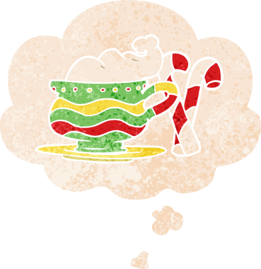 Düşünce baloncuğu ve grunge ile karikatür noel kakaosu bir insan tarafından çizilmiş sıkıntılı retro dokuma tarzı