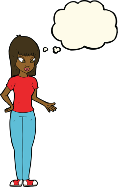 Bir insan tarafından çizilen düşünce baloncuğuyla açıklayan çizgi film kadını.