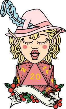 Retro Dövme Tarzı Elf Ozanı Bir insan tarafından çizilmiş doğal yirmi zar atışıyla