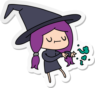 Bir insan tarafından çizilmiş sevimli kawai cadısının serbest sticker karikatürü.