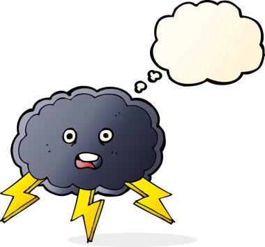 bir insan tarafından çizilmiş düşünce baloncuklu karikatür bulutu ve şimşek sembolü