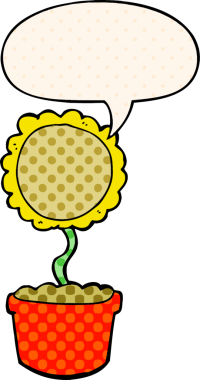 Bir insan tarafından çizilmiş çizgi roman tarzında konuşma baloncuğu olan sevimli bir karikatür çiçeği.