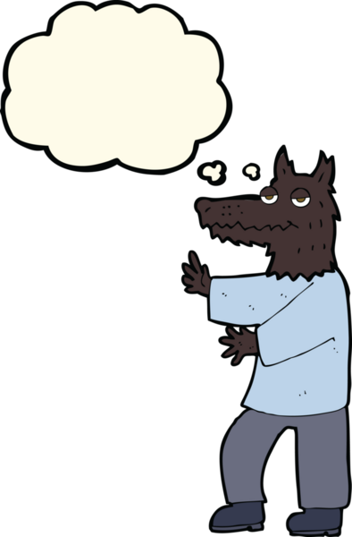 Bir insan tarafından çizilmiş düşünce baloncuğu olan bir kurt adam.