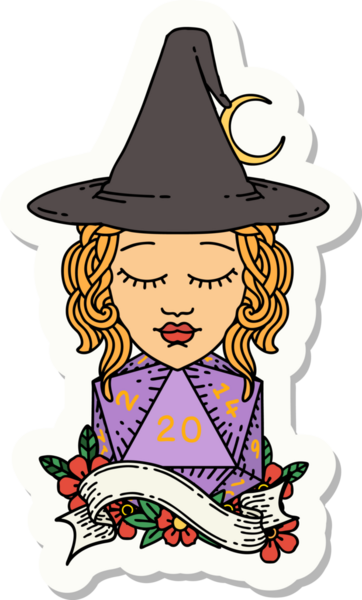 Bir insan büyücüsünün çıkartması. Bir insan tarafından çizilmiş 20 D20 zarlı.