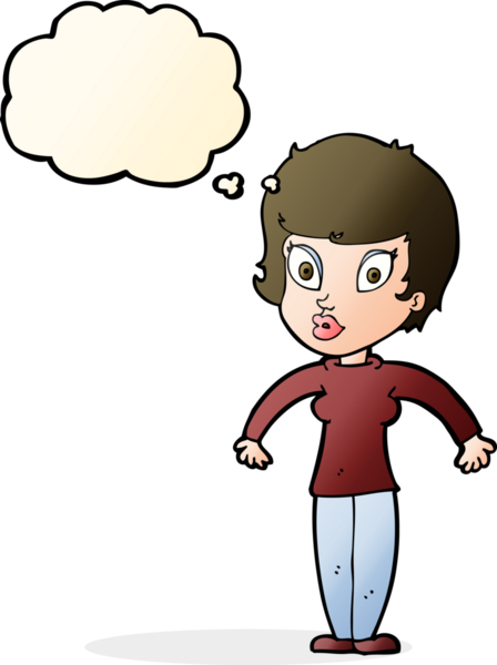 Bir insan tarafından çizilmiş düşünce baloncuğuyla omuz silken çizgi film kadını.