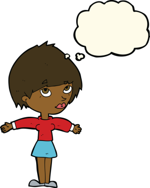 Bir insan tarafından çizilmiş düşünce balonlu açık kollu çizgi film kadını.