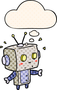 Bir insan tarafından çizilmiş çizgi roman şeklinde düşünce baloncuğu olan çizgi film robotu.