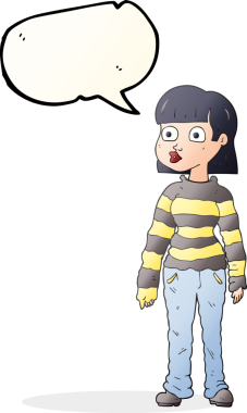 Bir insan tarafından çizilmiş günlük giysiler içindeki serbest konuşma balonu karikatürü kadın.