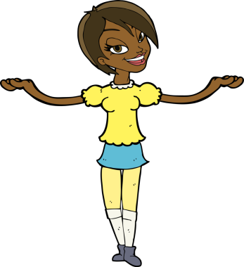 Çizgi filmdeki kadın bir insan tarafından çizilmiş açık kollu jest yapıyor.