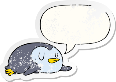 Konuşma baloncuğu olan karikatür pengueni bir insan tarafından çizilmiş sıkıntılı eski bir çıkartma