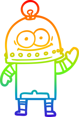 Gökkuşağı gradyan çizgisi mutlu bir karton robot çizimi ve bir insan tarafından çizilmiş ampul.