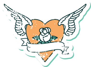 İkonik ıstıraplı dövme stili kanatlı kalp resmi bir insan tarafından çizilmiş bir gül ve bayrak.