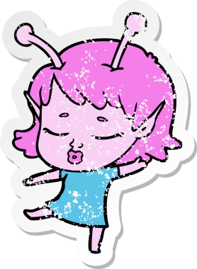 Bir insan tarafından çizilmiş sevimli bir uzaylı kız çizgi filminin sıkıntılı çıkartması.