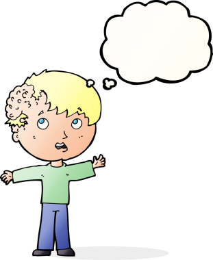 Kafasında bir insan tarafından çizilmiş düşünce balonuyla büyüyen çizgi film çocuğu.