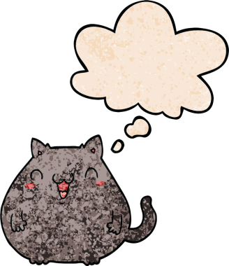 Bir insan tarafından çizilmiş grunge desenli düşünce baloncuklu çizgi film kedisi.