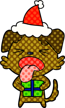 Bir insan tarafından çizilmiş Noel Baba şapkası takan bir köpeğin el çizimi çizgi roman tasviri.