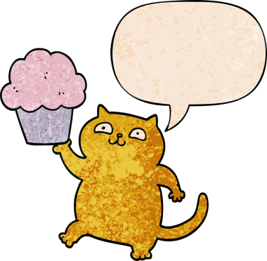 Bir insan tarafından çizilmiş eski moda konuşma baloncuklu kapkek ile çizgi film kedisi.