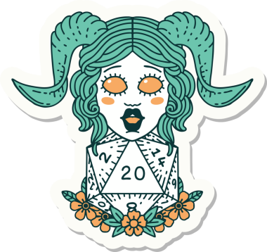 Bir insan tarafından çizilmiş doğal yirmi zarla yapıştırılmış bir etiket.