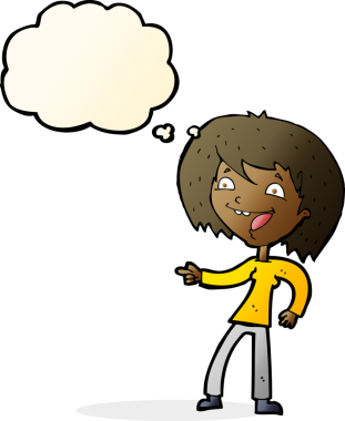 Bir insan tarafından çizilmiş düşünce balonuyla gülen ve işaret eden çizgi film kadını.