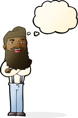 Bir insan tarafından çizilmiş düşünce balonlu sakallı mutlu adam çizgi filmi.