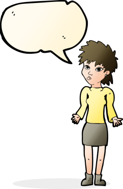 Bir insan tarafından çizilmiş konuşma baloncuğuyla omuz silken çizgi film kadını.