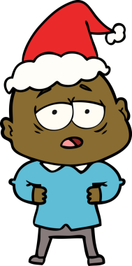 Bir insan tarafından çizilmiş Noel Baba şapkası giyen yorgun ve kel bir adamın el çizimi.