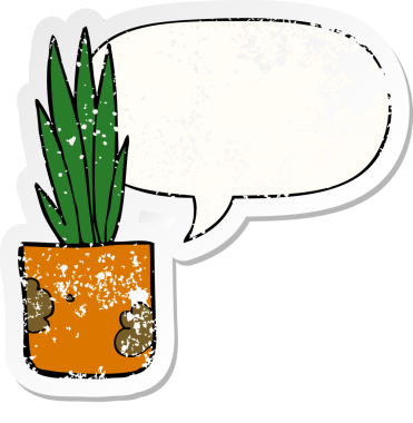 Konuşma baloncuğu olan karikatür evi bitkisi bir insan tarafından çizilmiş sıkıntılı eski bir çıkartma