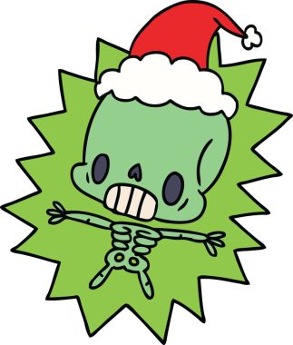 Bir insan tarafından çizilmiş Kawaii iskeletinin Noel karikatürü.