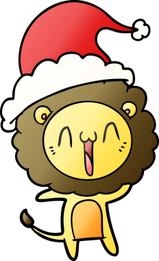 Mutlu el çizimi, bir insan tarafından çizilmiş Noel Baba şapkası takan bir aslanın çizgi filmi.