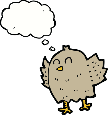 Bir insan tarafından çizilmiş düşünce baloncuklu çizgi film kuşu.