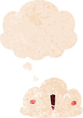 Düşünce baloncuğu ve grunge ile sevimli çizgi film bulutu bir insan tarafından çizilmiş sıkıntılı retro dokuma tarzı