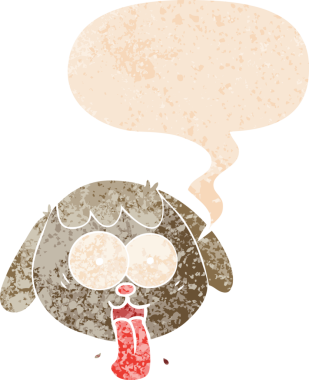 Çizgi film köpeğinin suratı homurdanarak nefes nefese. Bir insan tarafından çizilmiş eskimiş eski tarz.