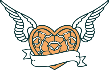 Bir insan tarafından çizilmiş çiçek ve bayrak ile uçan bir kalbin ikonik dövme görüntüsü